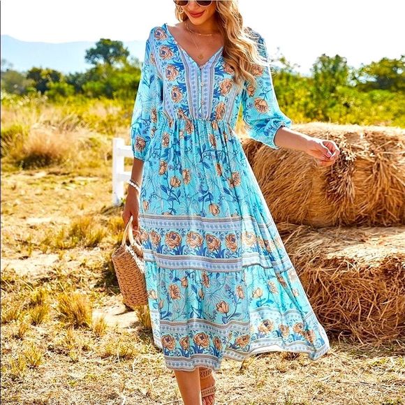 🔥 NWT, Cocoimo Blue Floral Dress, 2 available, size S, L 🤩❤️ - Picture 2 of 6